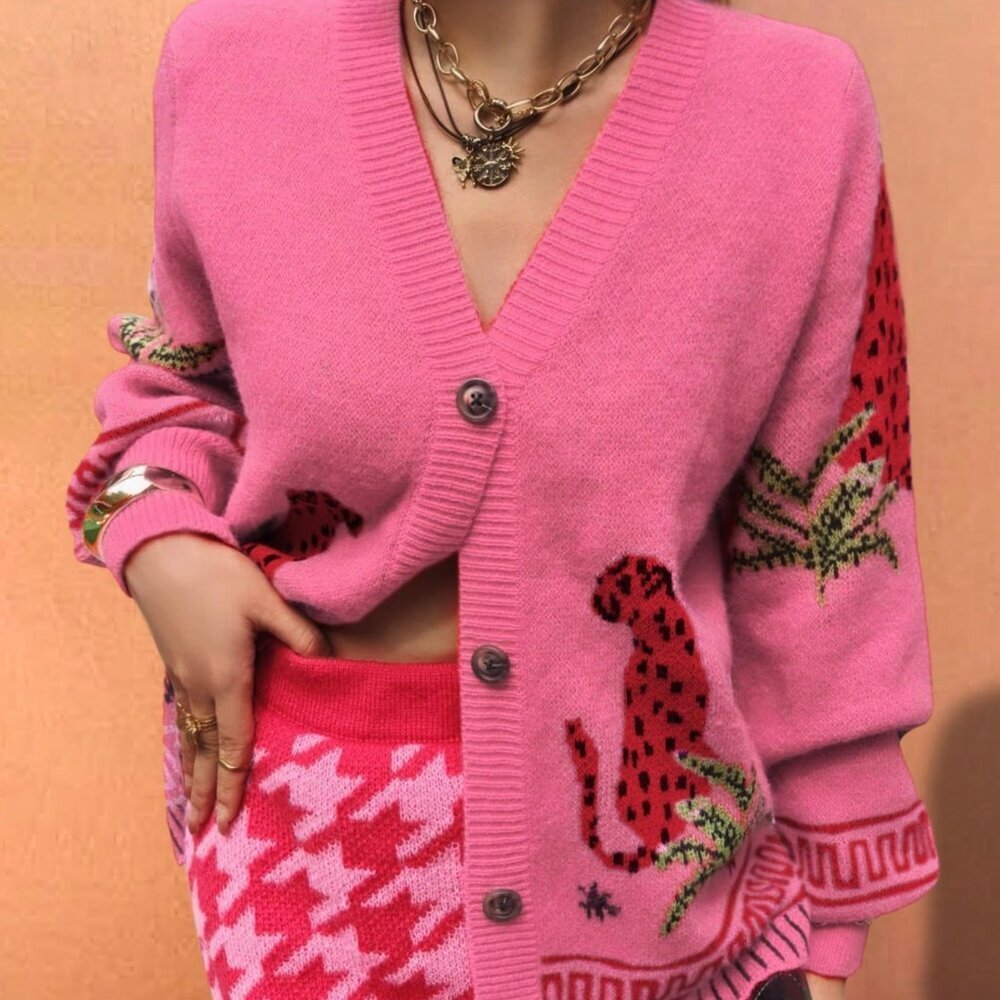 Pink Casual Women's Starfish Hat & Leopard Jacquard Cardigan - Picture 5 of 6